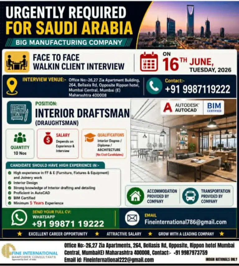 Saudi Arabia Interior Draftsman Jobs 2026 – Walk-In Interview on 16th June 2026