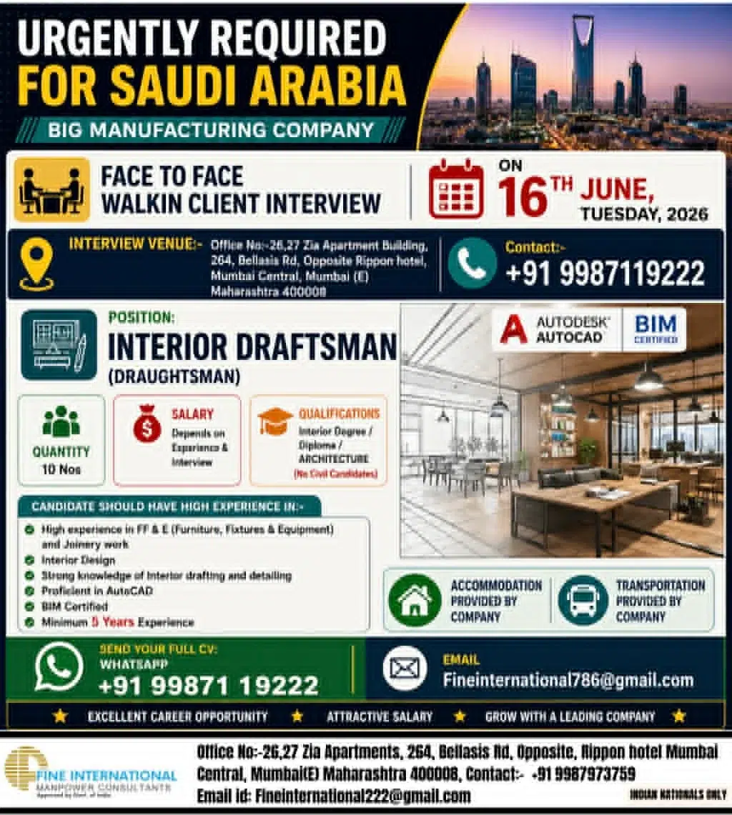 Saudi Arabia Interior Draftsman Jobs 2026 – Walk-In Interview on 16th June 2026