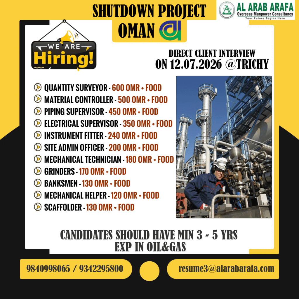 Oman Shutdown Project Jobs 2026 – Direct Client Interview at Trichy | Oil & Gas Vacancies