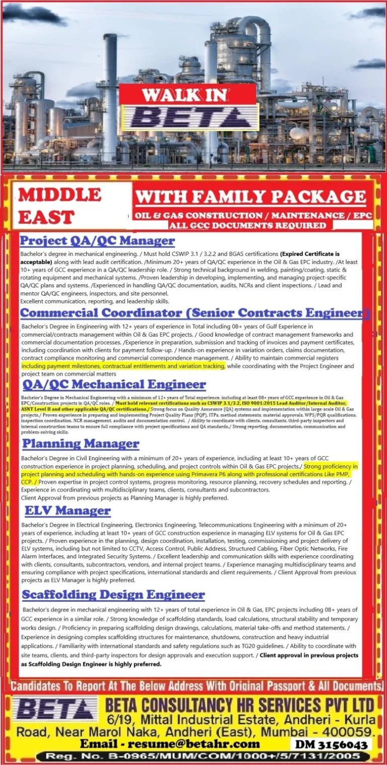 Project QA/QC Manager & EPC Construction Jobs in Middle East – Walk-In Interview by BETA Consultancy