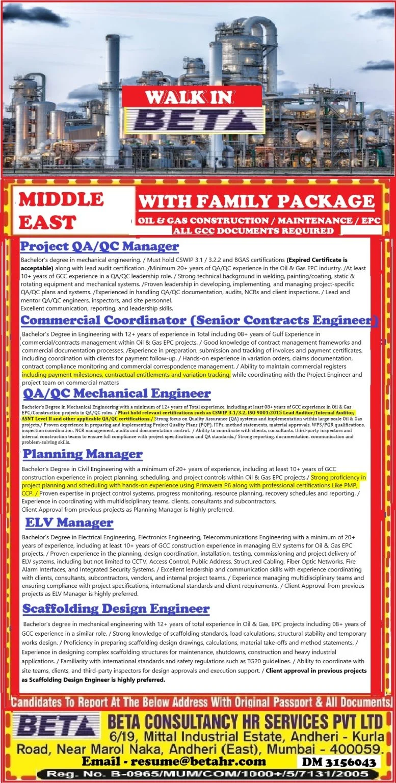 Project QA/QC Manager & EPC Construction Jobs in Middle East – Walk-In Interview by BETA Consultancy