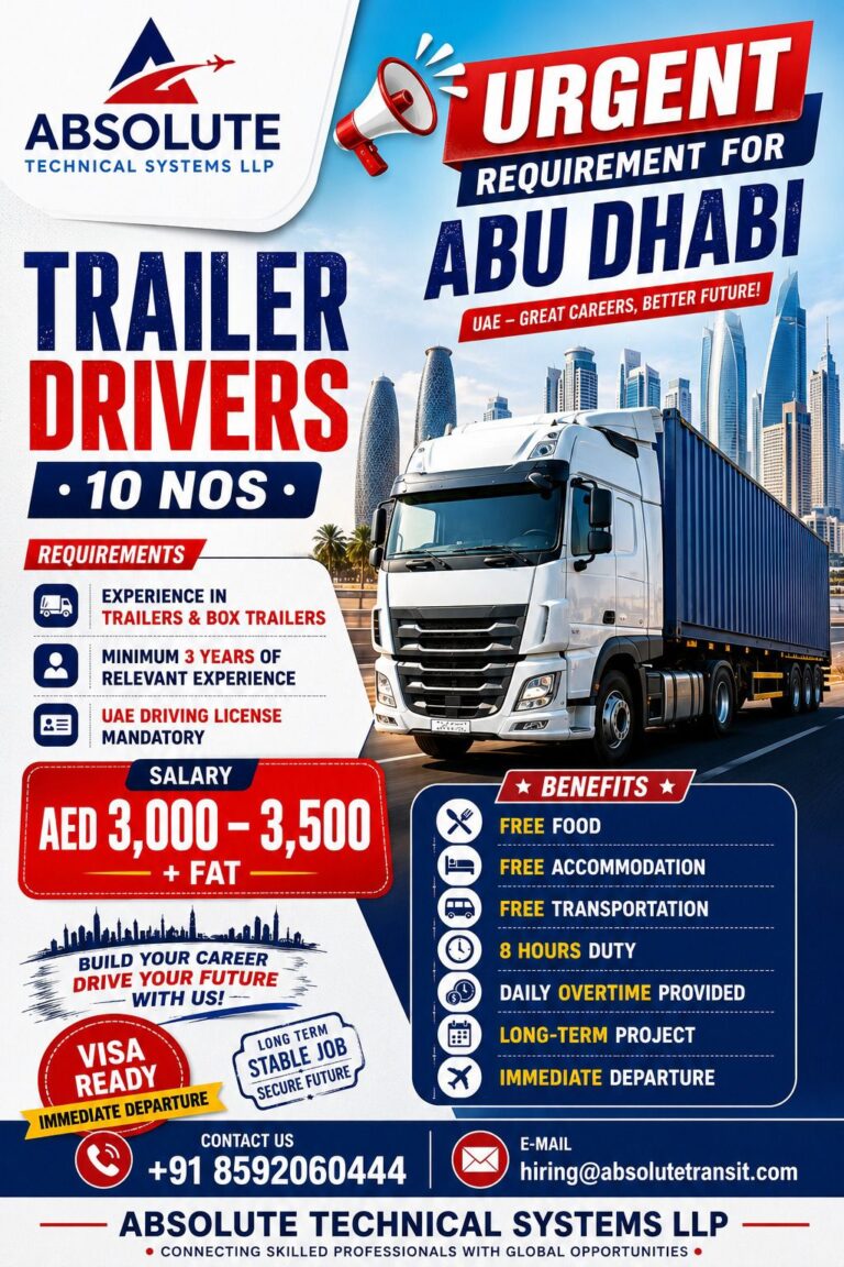 Trailer Driver Jobs in Abu Dhabi UAE 2026 – Immediate Departure | Salary AED 3,000–3,500 + FAT