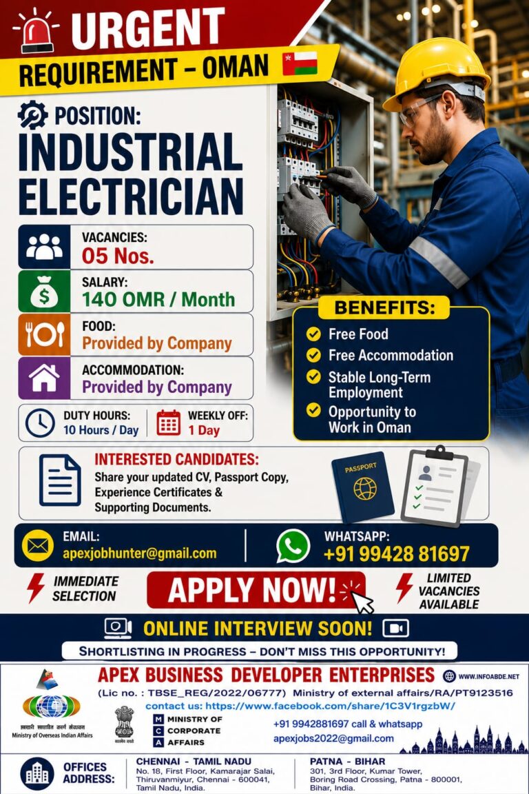 Industrial Electrician Jobs in Oman 2026 – Apply Now for Immediate Selection