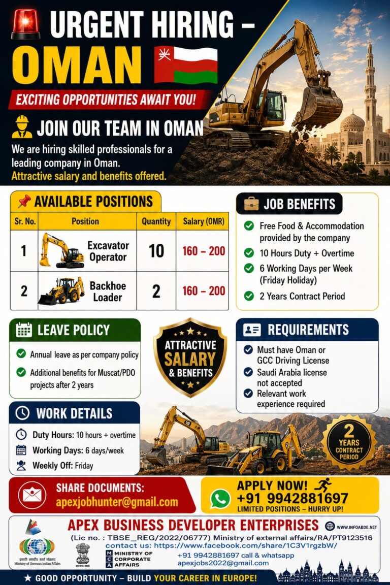 Excavator Operator Jobs in Oman 2026 – Immediate Recruitment