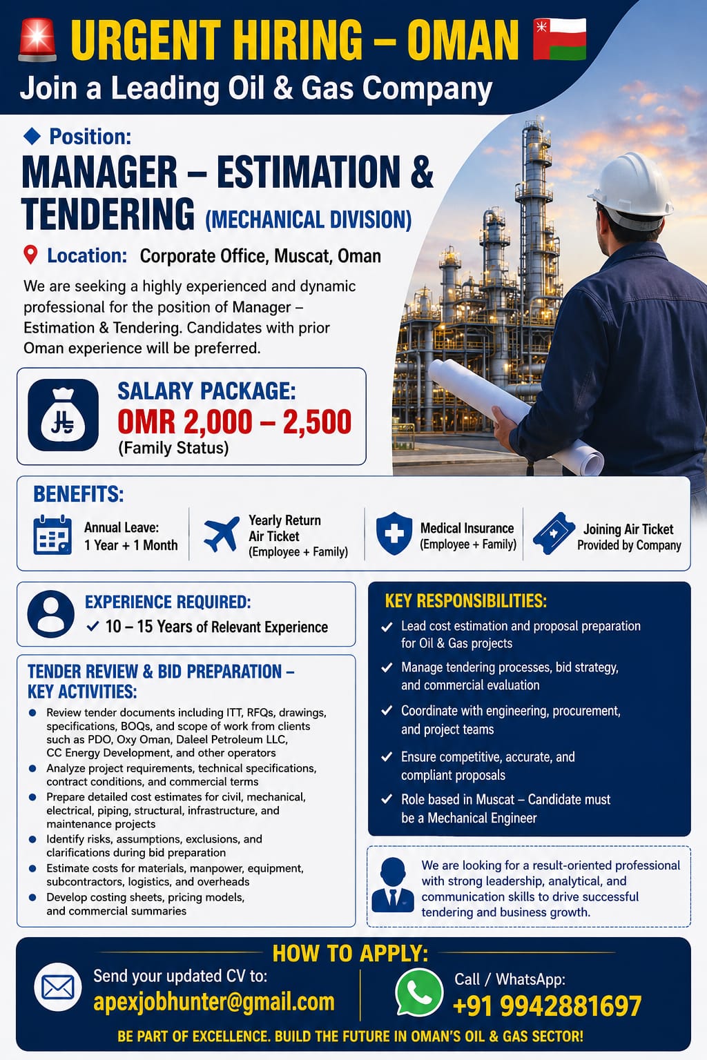 Manager Estimation & Tendering Jobs in Oman 2026 | Oil & Gas Company Hiring in Muscat