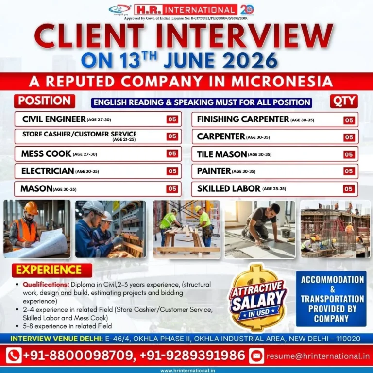 Micronesia Jobs 2026 – Client Interview on 13 June 2026 | Civil Engineer, Electrician, Carpenter & More