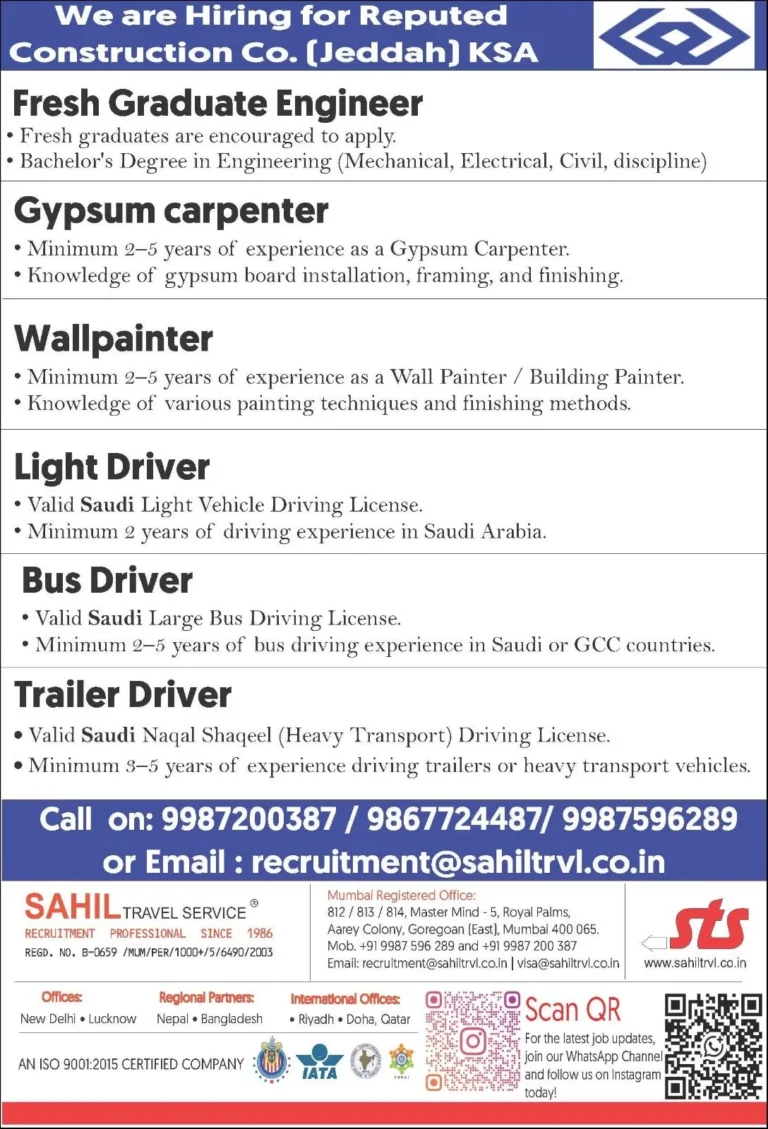 Saudi Arabia Construction Company Jobs 2026 – Fresh Graduate Engineers, Drivers, Painters & Carpenters Required