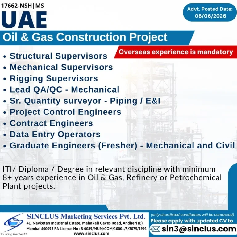 UAE Oil & Gas Construction Project Jobs 2026 – Apply for Supervisors, Engineers, QA/QC & Data Entry Positions