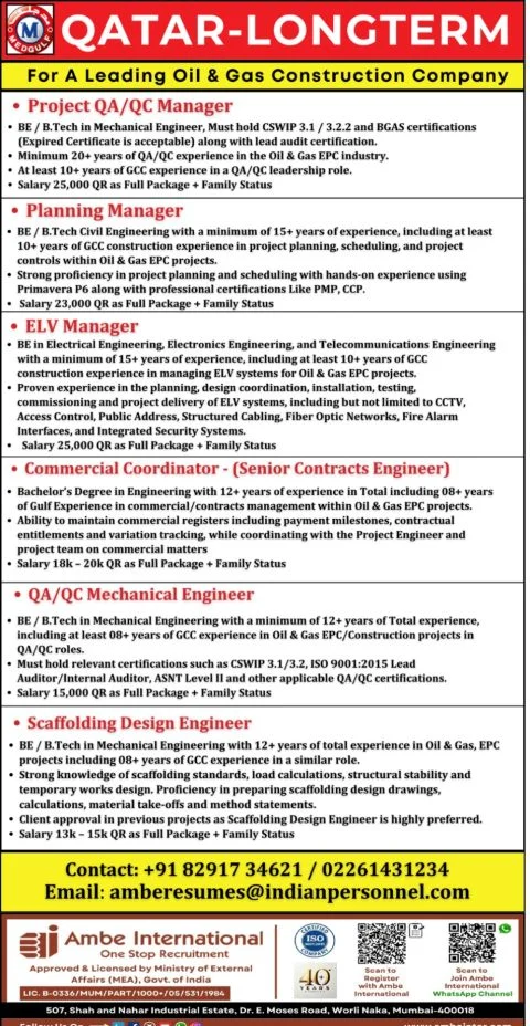 Qatar Oil & Gas Construction Company Recruitment 2026 – Apply for Engineering and Management Positions
