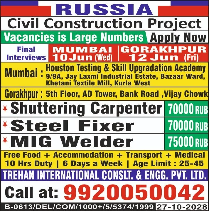 Russia Civil Construction Project Recruitment 2026 – Apply Now for Large Number of Vacancies