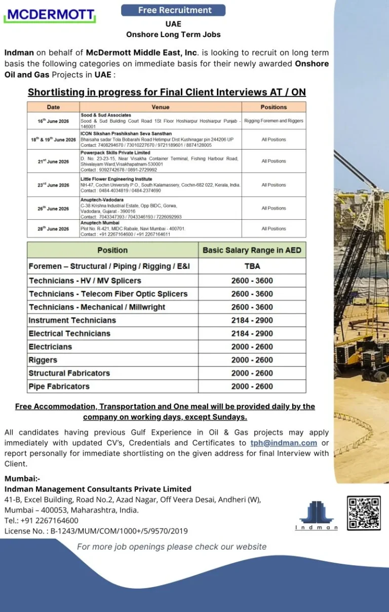 UAE McDermott Onshore Oil & Gas Jobs 2026 – Immediate Hiring for Long-Term Projects
