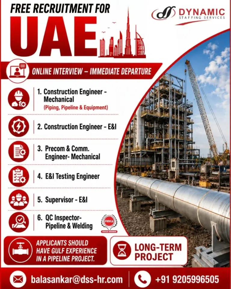 UAE Pipeline Project Recruitment 2026 – Free Recruitment | Online Interview | Immediate Departure