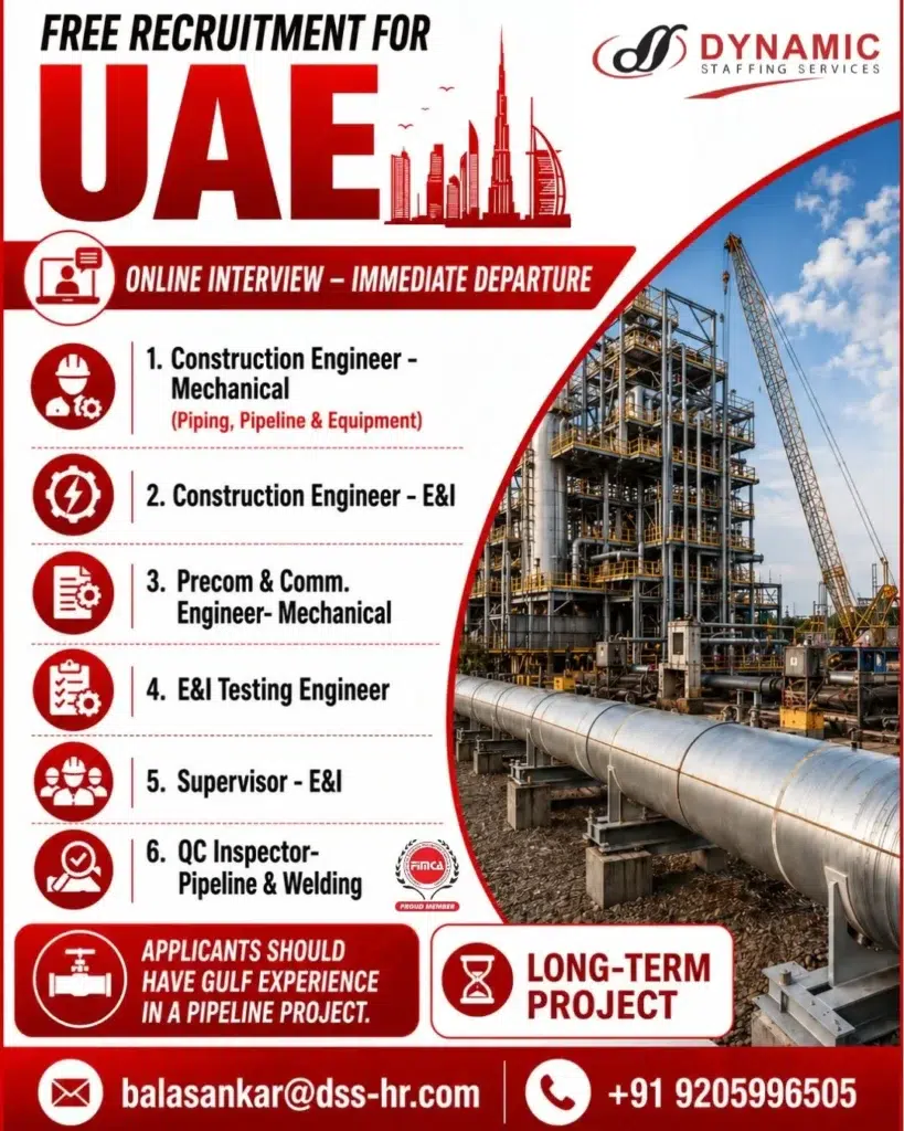 UAE Pipeline Project Recruitment 2026 – Free Recruitment | Online Interview | Immediate Departure 1 UAE Pipeline Project Recruitment 2026 – Free Recruitment | Online Interview | Immediate Departure