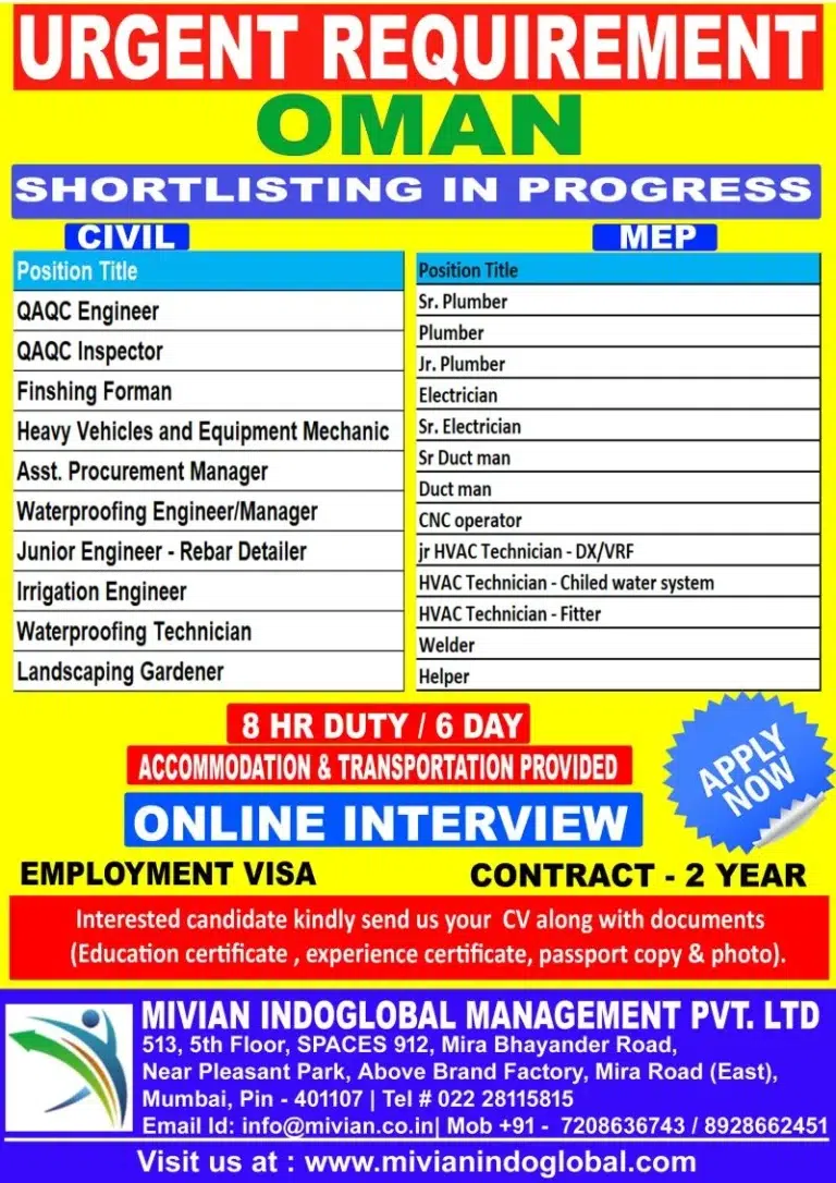 Oman Civil & MEP Jobs 2026 – Urgent Recruitment Announced