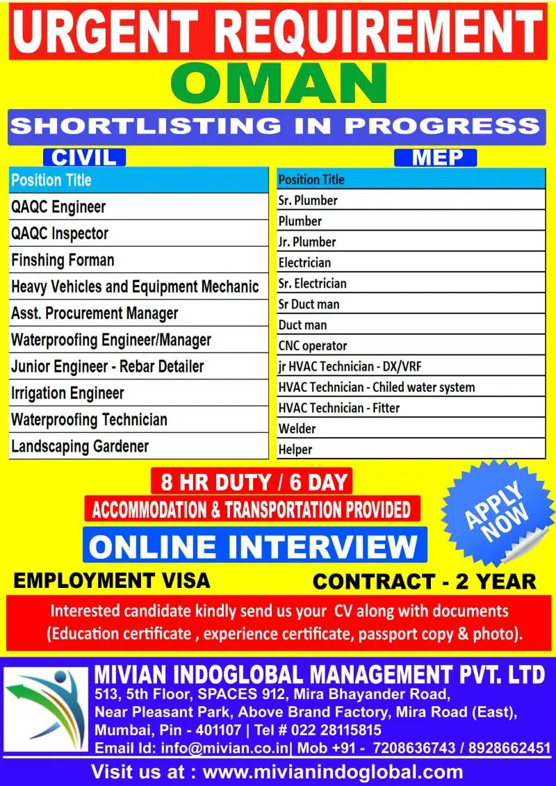 Oman Civil & MEP Jobs 2026 – Urgent Recruitment Announced
