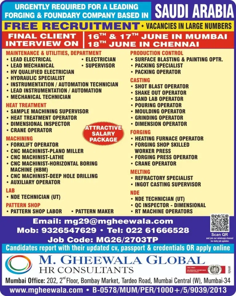Saudi Arabia Forging & Foundry Company Recruitment 2026 – Free Recruitment | Final Client Interview in Mumbai & Chennai