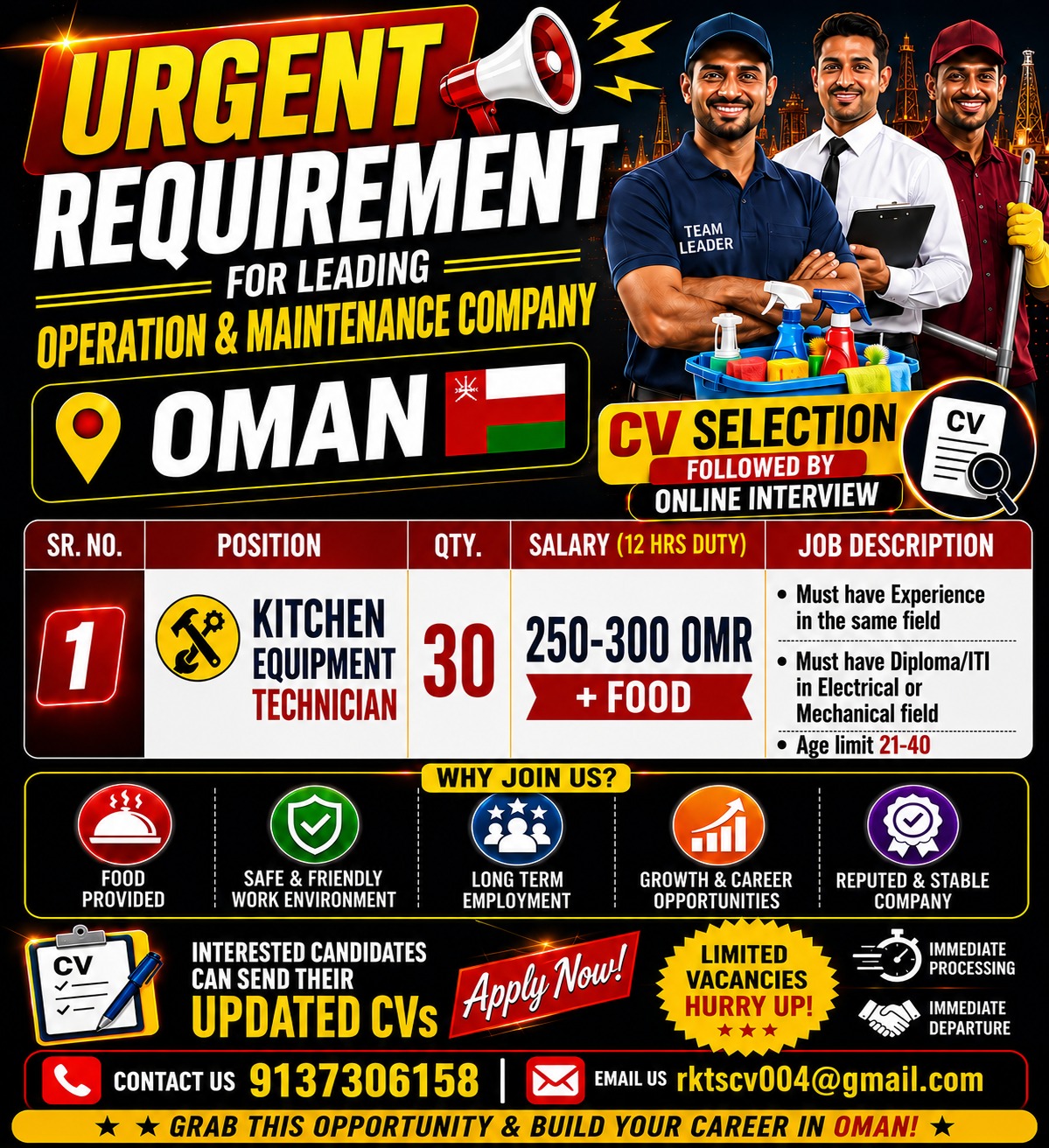 Kitchen Equipment Technician Jobs in Oman 2026 – Urgent Hiring | Salary Up to 300 OMR + Food