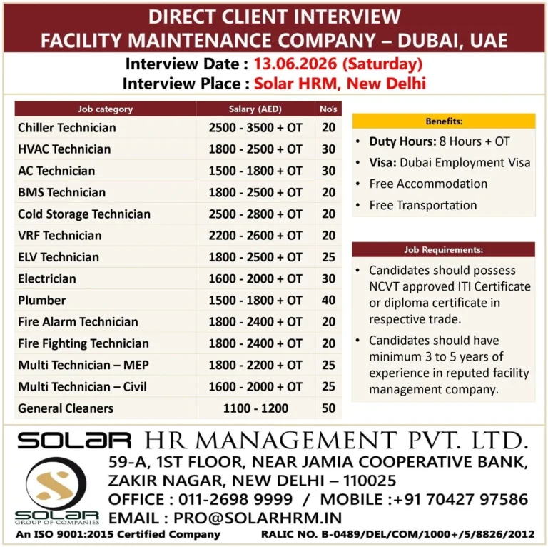 Dubai Facility Maintenance Company Recruitment 2026 – Direct Client Interview for HVAC, Chiller, Electrician & Cleaner Jobs