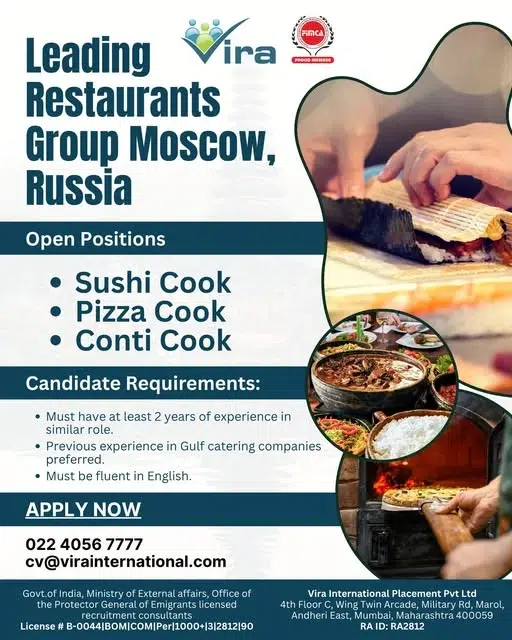 Russia Restaurant Jobs 2026 – Apply for Sushi Cook, Pizza Cook & Conti Cook Vacancies in Moscow