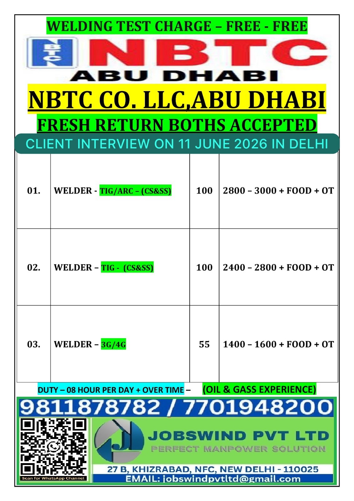 NBTC Abu Dhabi Welder Recruitment 2026 – Client Interview on 11 June 2026 in Delhi | Free Welding Test