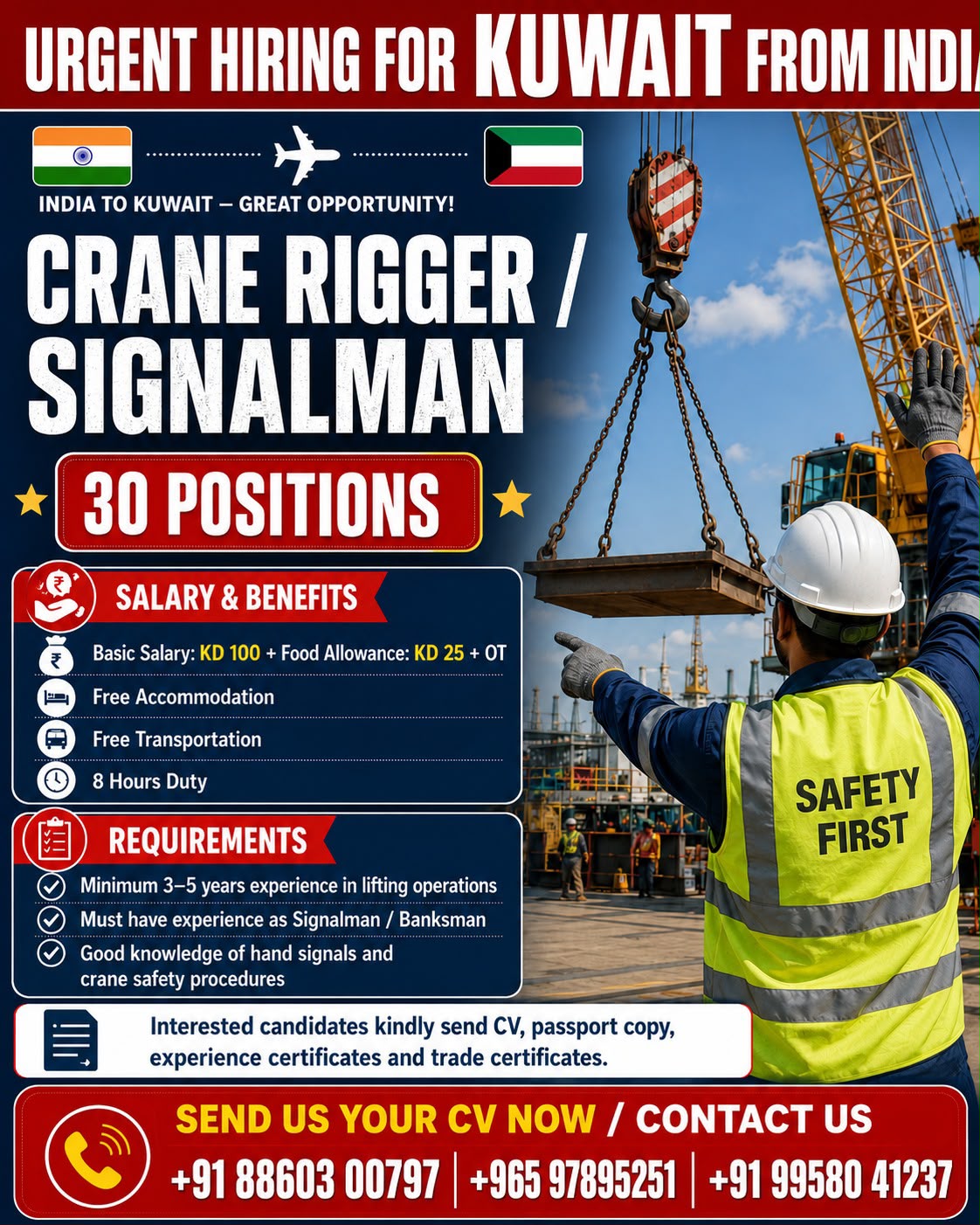 Kuwait Crane Rigger / Signalman Recruitment 2026 – 30 Vacancies | Free Accommodation & Transportation