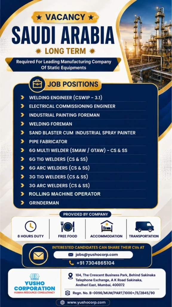Saudi Arabia Long-Term Manufacturing Jobs 2026 | Free Food, Accommodation & Transportation