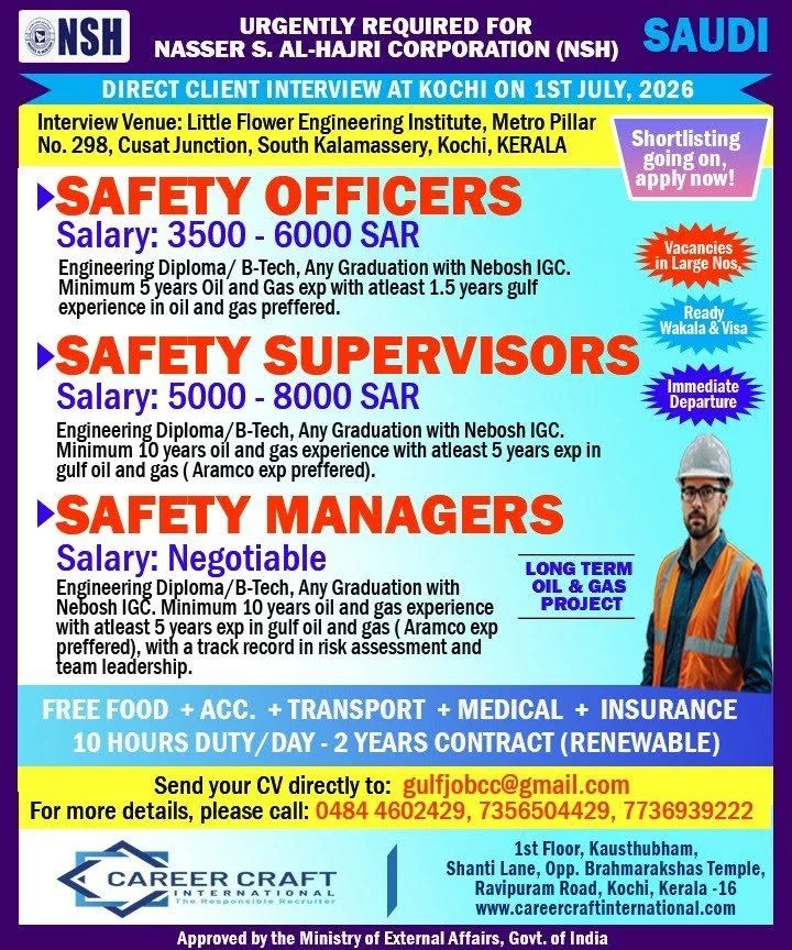 Safety Officer Jobs in Saudi Arabia 2026 – Direct Client Interview at Kochi for NSH (Nasser S. Al-Hajri Corporation)