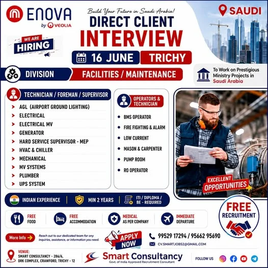 Saudi Arabia Enova by Veolia Recruitment 2026 – Direct Client Interview in Trichy for Facilities & Maintenance Jobs