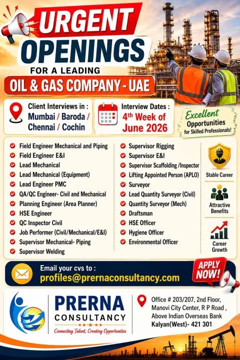 UAE Oil & Gas Company Jobs 2026 – Client Interviews in Mumbai, Baroda, Chennai & Cochin | Apply Now