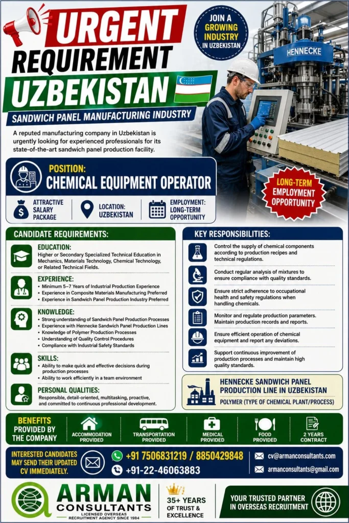 Chemical Equipment Operator Jobs in Uzbekistan 2026 – Sandwich Panel Manufacturing Industry