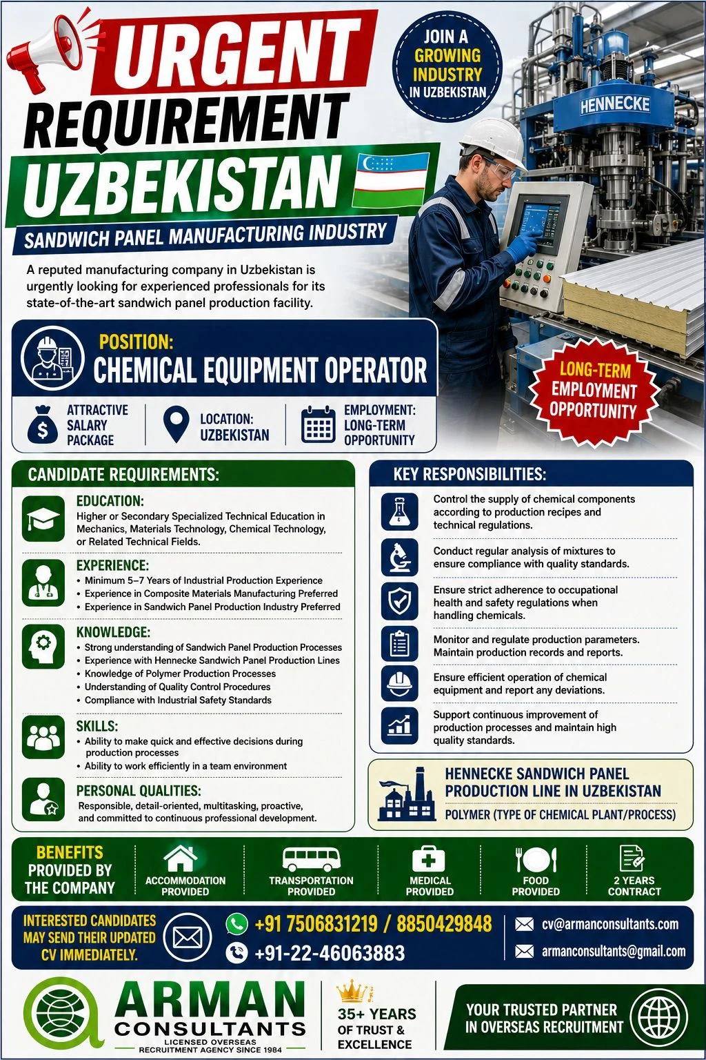 Chemical Equipment Operator Jobs in Uzbekistan 2026 – Sandwich Panel Manufacturing Industry