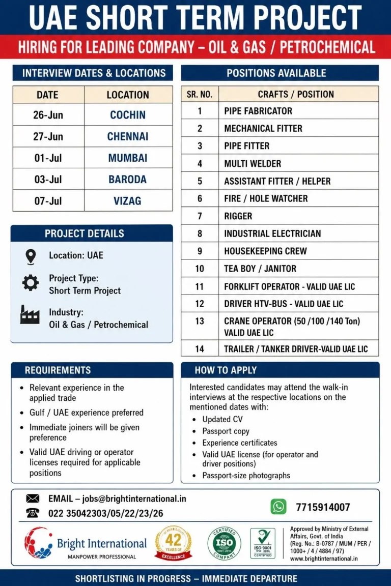 UAE Oil & Gas Short-Term Project Recruitment 2026