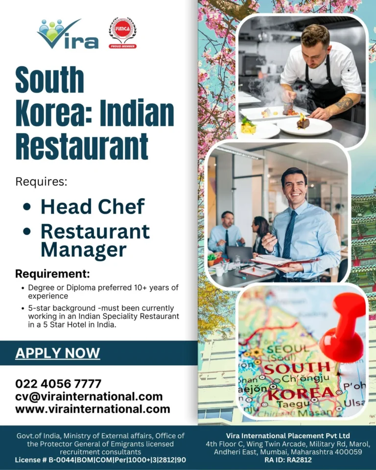 South Korea Indian Restaurant Jobs 2026 – Head Chef & Restaurant Manager Vacancies