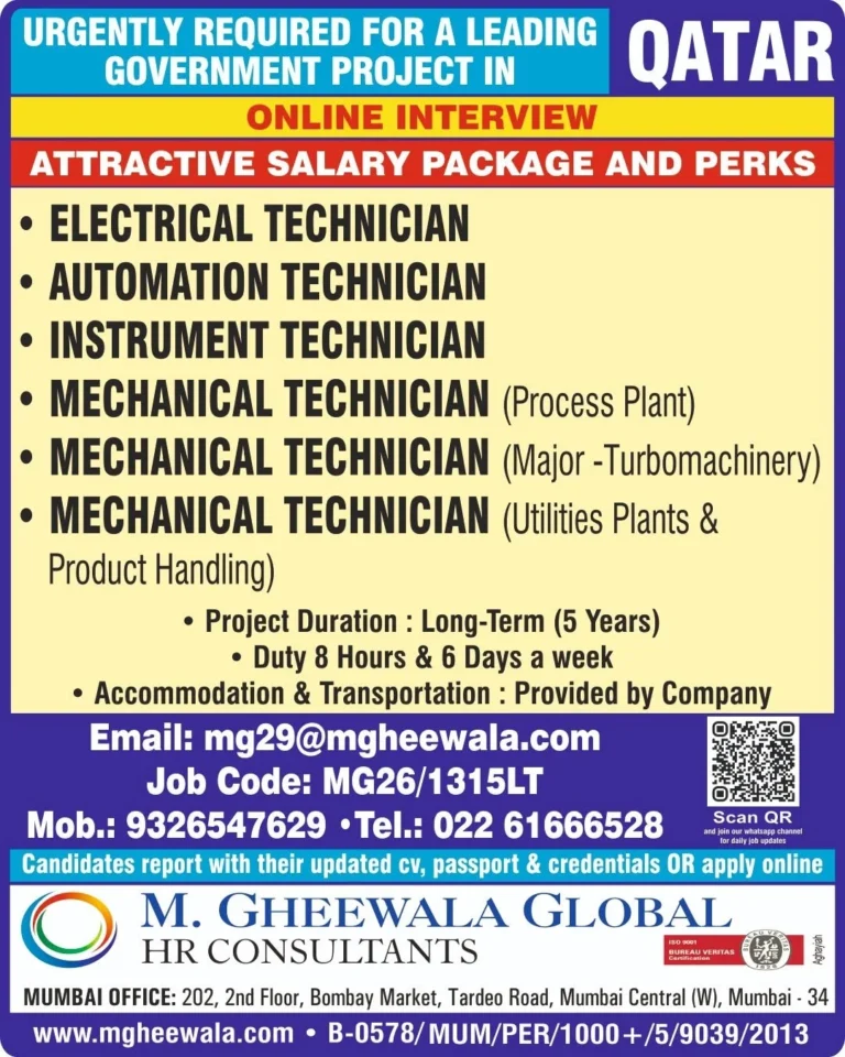Qatar Government Project Jobs 2026 – Online Interview | Long-Term Technician Vacancies in Qatar