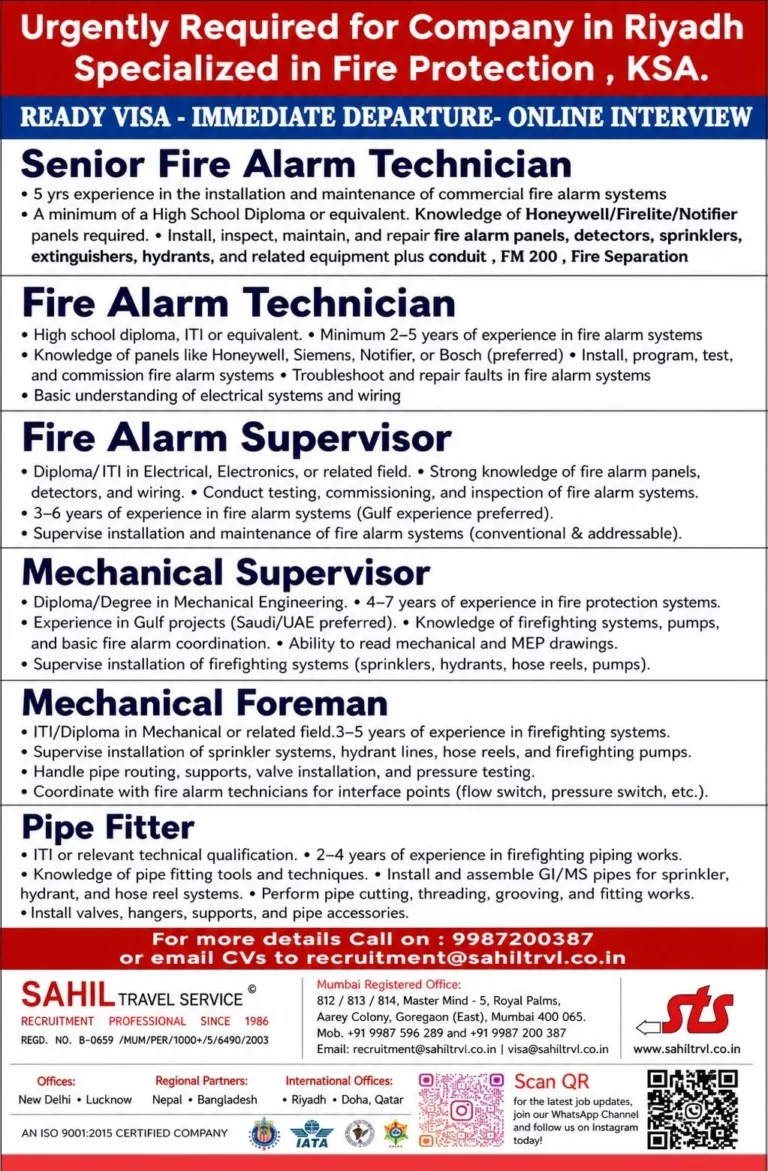 Fire Protection Company Jobs in Riyadh, Saudi Arabia – Ready Visa | Immediate Departure