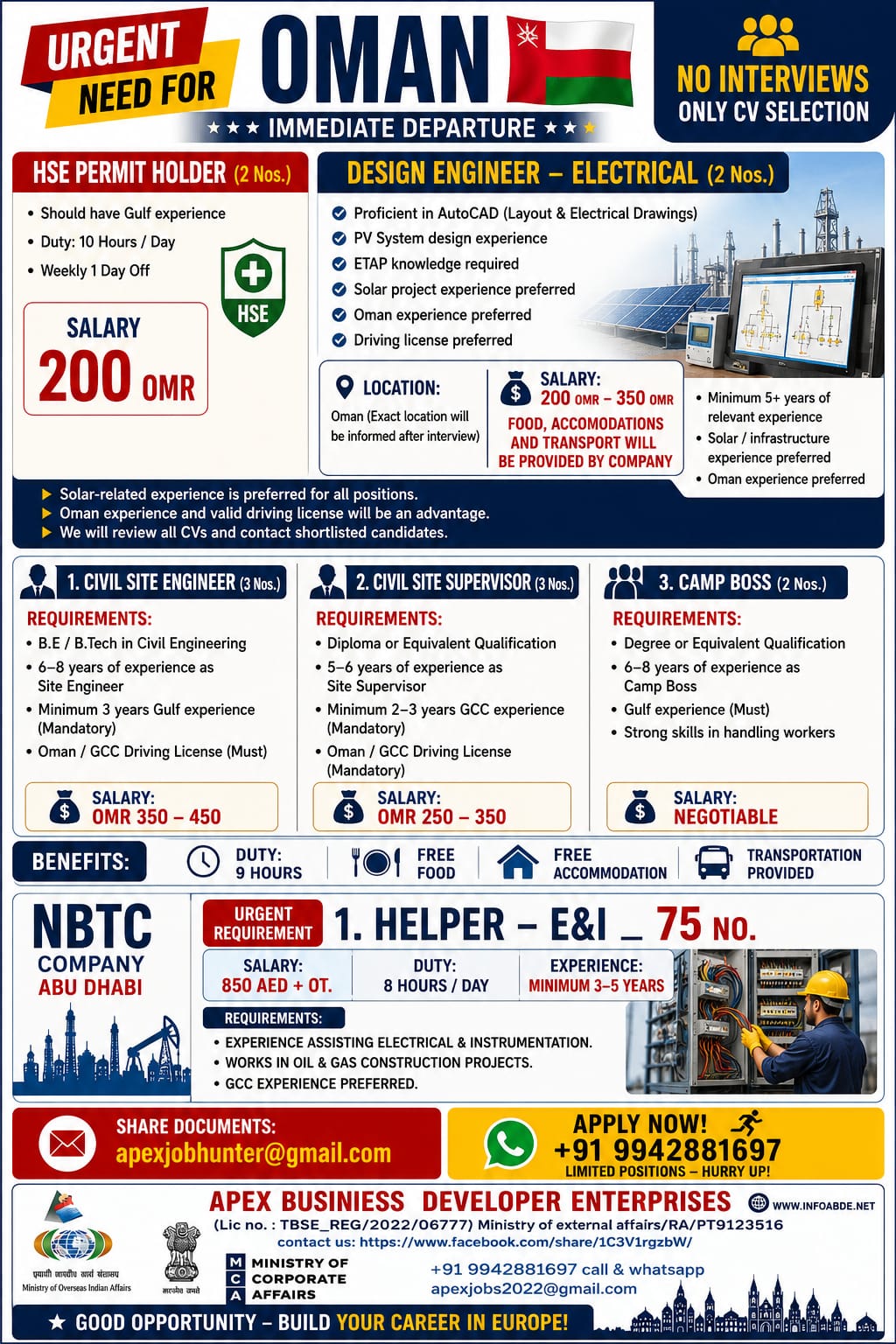 Oman & Abu Dhabi Jobs 2026 – Immediate Departure | CV Selection Only | Multiple Vacancies