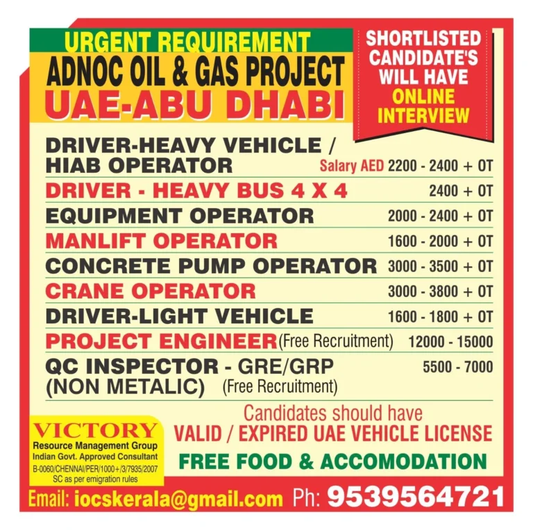 ADNOC Oil & Gas Project UAE – Abu Dhabi Urgent Recruitment 2026 | Online Interview