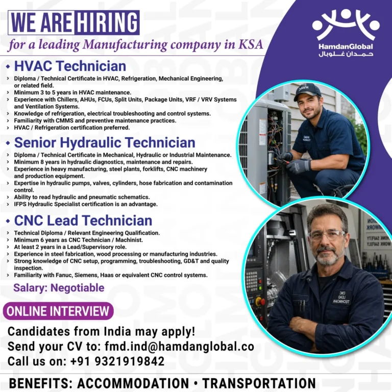 Manufacturing Company Jobs in Saudi Arabia (KSA) – Apply for HVAC Technician, Senior Hydraulic Technician & CNC Lead Technician