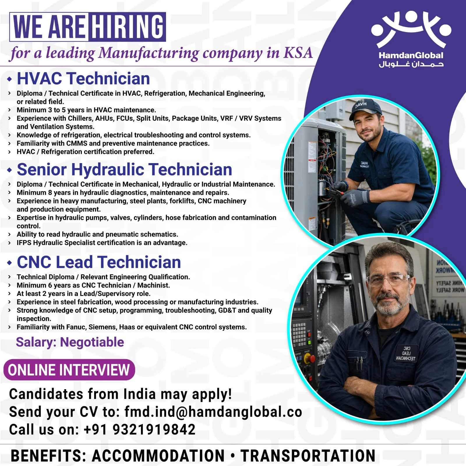 Manufacturing Company Jobs in Saudi Arabia (KSA) โ Apply for HVAC Technician, Senior Hydraulic Technician & CNC Lead Technician