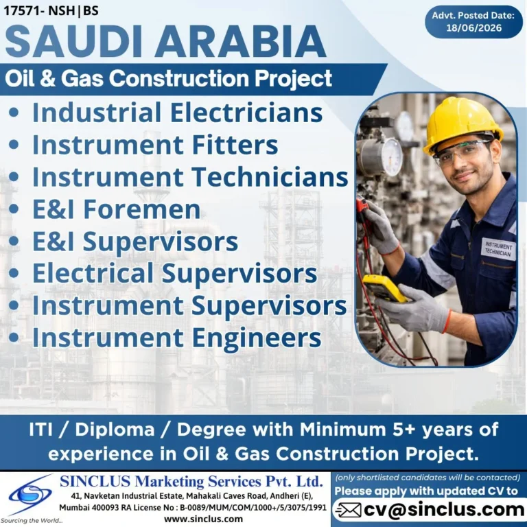 Saudi Arabia Oil & Gas Construction Project Jobs 2026 – Apply for Electricians, Instrument Technicians, Supervisors & Engineers
