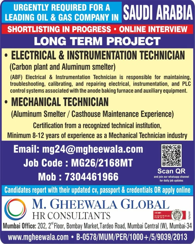 Saudi Arabia Oil & Gas Company Recruitment 2026 – Electrical & Instrumentation Technician and Mechanical Technician Jobs