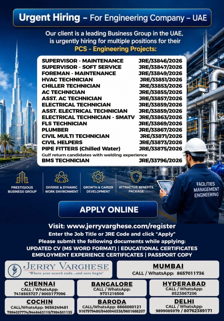 UAE Engineering Company Recruitment 2026 – Multiple PCS Engineering Project Vacancies