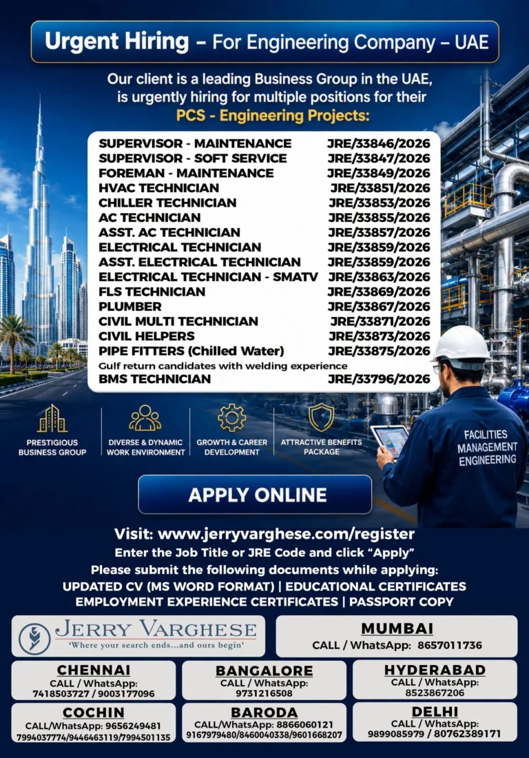 UAE Engineering Company Recruitment 2026 – Multiple PCS Engineering Project Vacancies