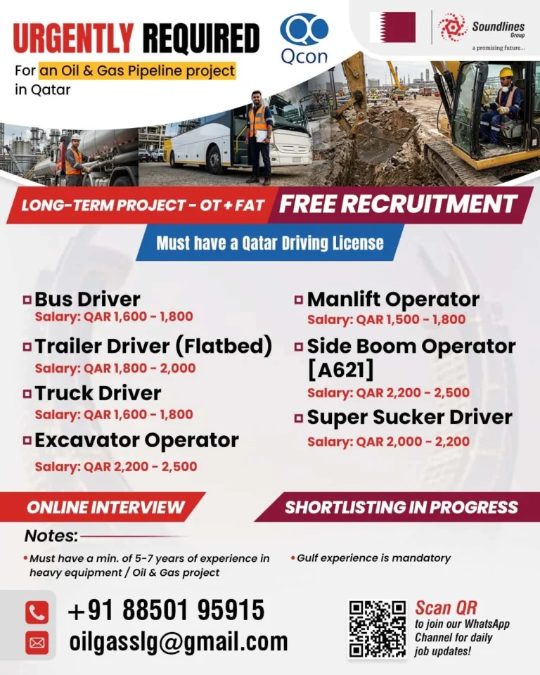 Qatar Oil & Gas Pipeline Project Jobs 2026 – Free Recruitment | Online Interview for Drivers & Equipment Operators