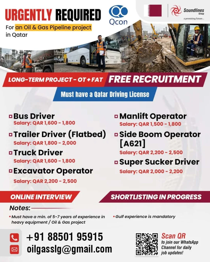 Qatar Oil & Gas Pipeline Project Jobs 2026 – Free Recruitment | Online Interview for Drivers & Equipment Operators