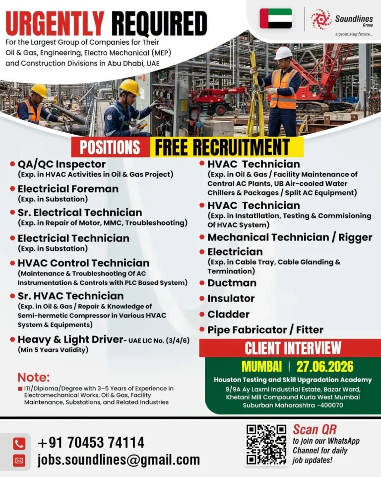 Abu Dhabi UAE Oil & Gas, MEP & Construction Jobs 2026 – Free Recruitment | Client Interview on 27 June 2026