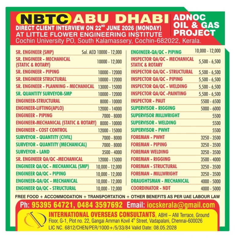 NBTC Abu Dhabi ADNOC Oil & Gas Project Recruitment 2026 – Direct Client Interview in Kochi on 22 June 2026