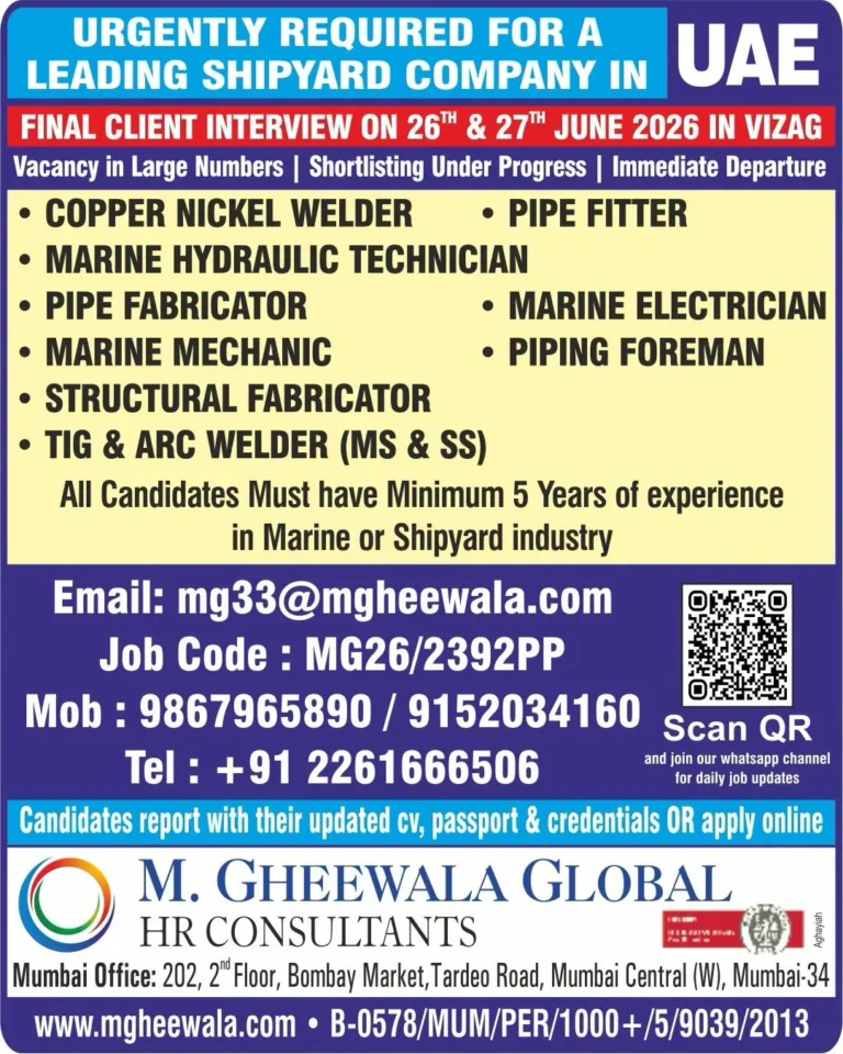 UAE Leading Shipyard Company Recruitment 2026 – Final Client Interview on 26th & 27th June 2026
