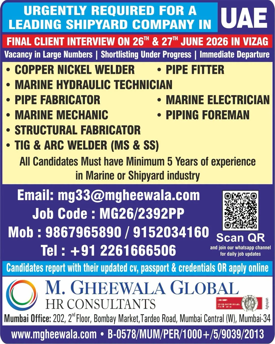 UAE Leading Shipyard Company Recruitment 2026 – Final Client Interview on 26th & 27th June 2026