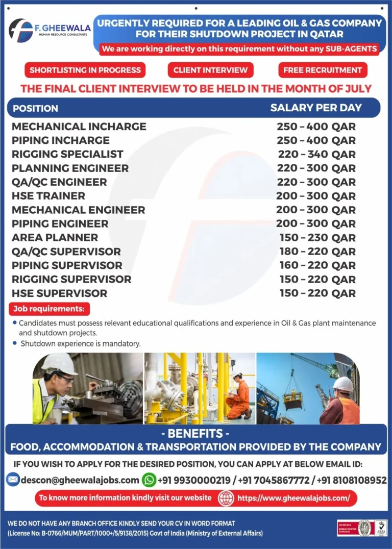 Qatar Shutdown Project Jobs 2026 – Free Recruitment for Leading Oil & Gas Company